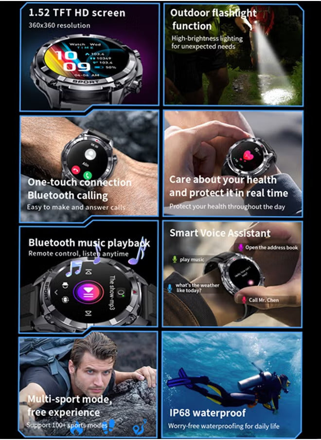 ساعة ذكية رجالية قوية بخاصية المكالمات عبر البلوتوث، وشاشة HD مقاس 1.52 بوصة، ومقاومة للماء